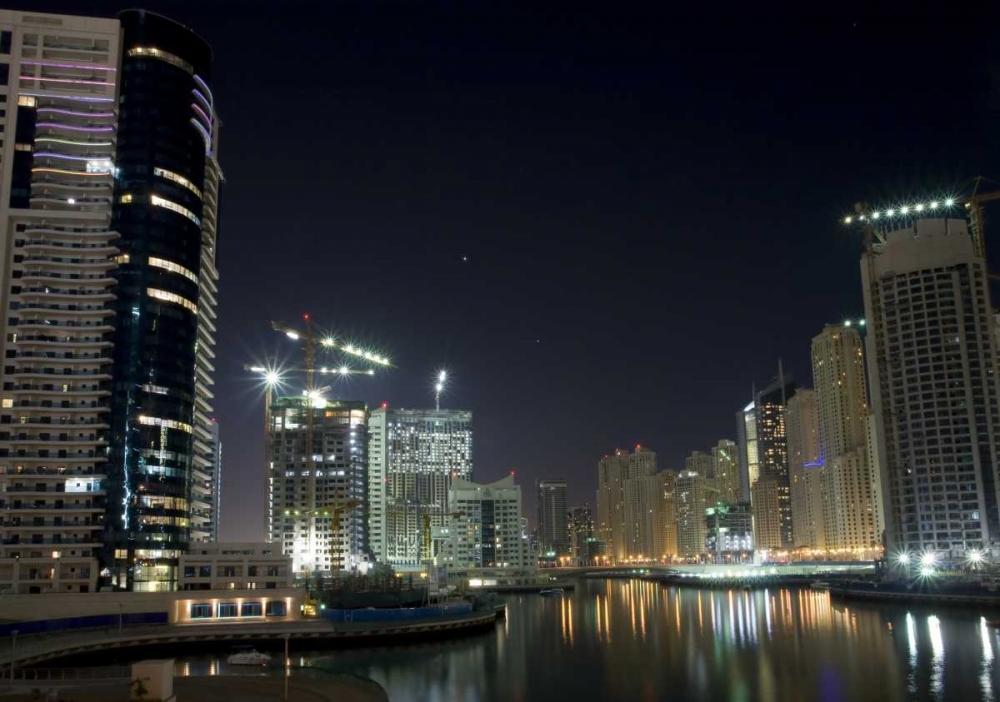 UAE, Dubai Towers on marina at night art print by Bill Young for $57.95 CAD