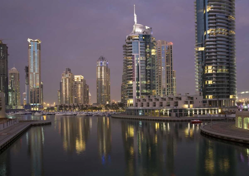 UAE, Dubai, Marina Lights reflect on marina art print by Bill Young for $57.95 CAD