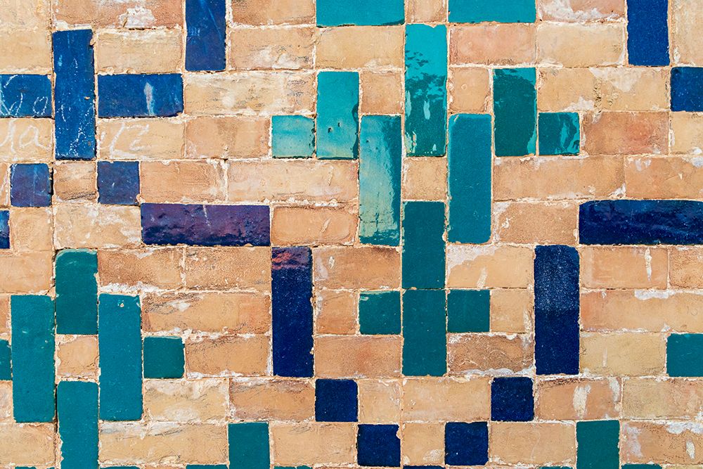 Bukhara, Uzbekistan, Central Asia. Decorative tiles on a brick wall at the Kalan Mosque in Bukhara. art print by Emily M. Wilson for $57.95 CAD