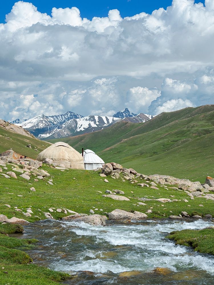 Landscape with Yurt at the Otmok mountain pass in the Tien Shan or heavenly mountains-Kyrgyzstan art print by Martin Zwick for $57.95 CAD