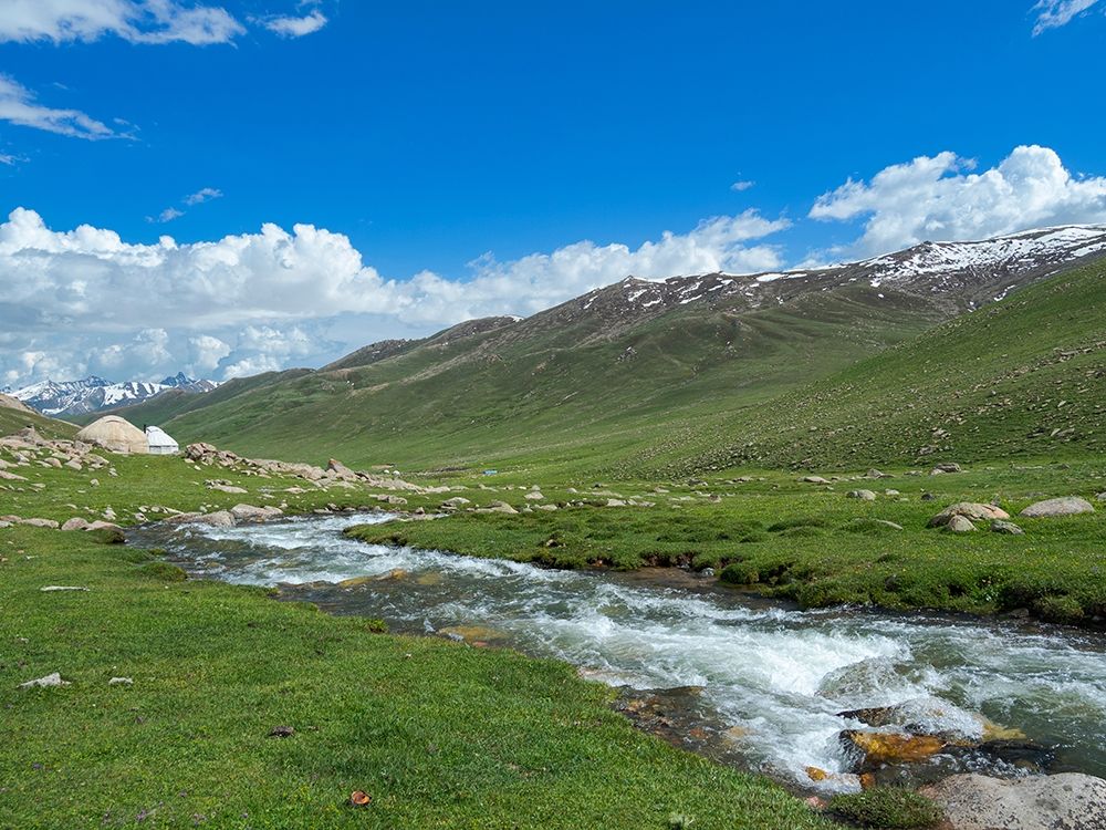 Landscape with Yurt at the Otmok mountain pass in the Tien Shan or heavenly mountains-Kyrgyzstan art print by Martin Zwick for $57.95 CAD