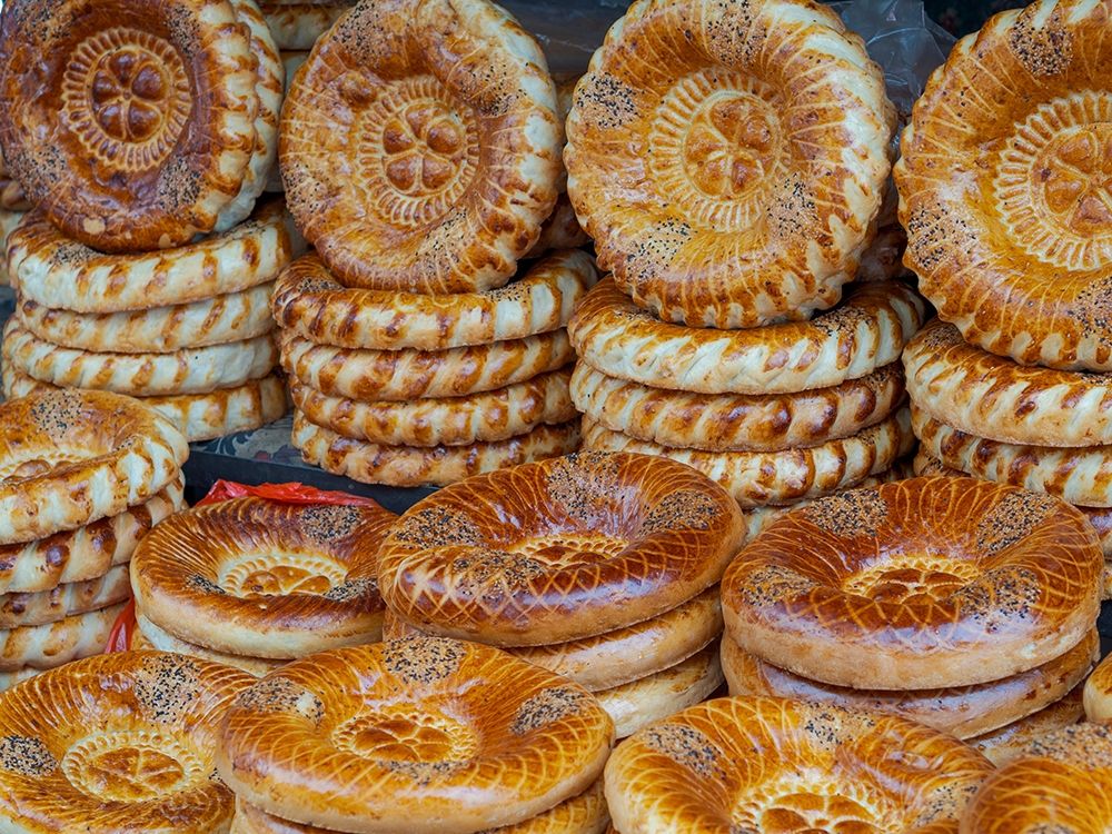 Traditional bread called Lepjoschka Jayma Bazaar-one of the greatest traditional markets art print by Martin Zwick for $57.95 CAD