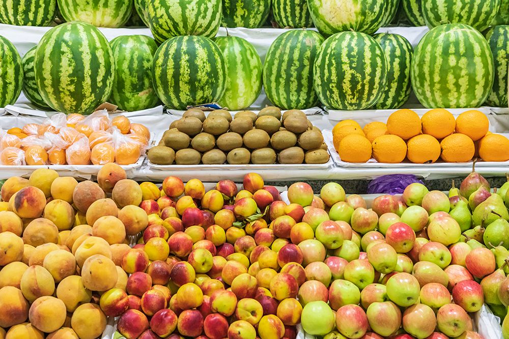 Dushanbe-Tajikistan Fresh fruit for sale at the Mehrgon Market in Dushanbe art print by Emily Wilson for $57.95 CAD