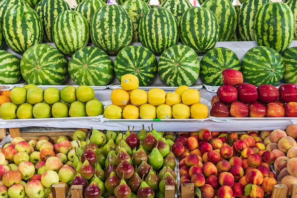 Dushanbe-Tajikistan Fresh fruit for sale at the Mehrgon Market in Dushanbe art print by Emily Wilson for $57.95 CAD