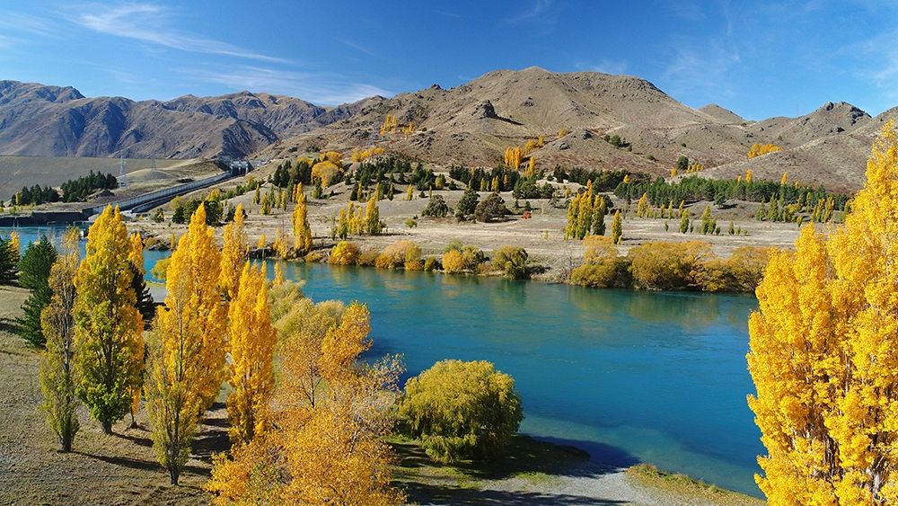 Lake Aviemore-autumn color-and camp ground-Waitaki Valley-North Otago art print by David Wall for $57.95 CAD