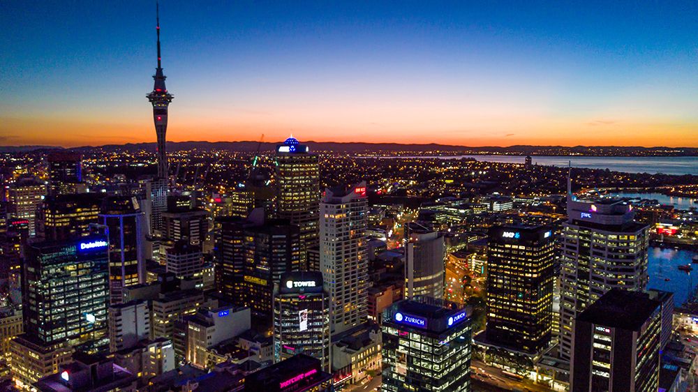 Auckland-New Zealand. The Auckland Skytower and harbor at night. art print by Micah Wright for $57.95 CAD