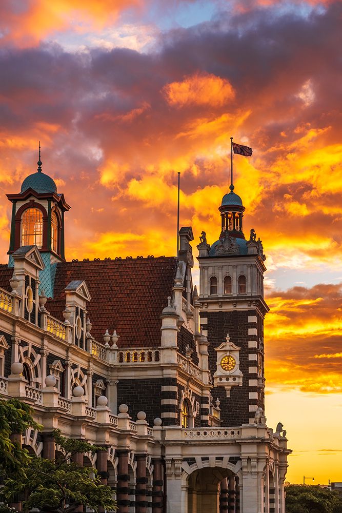 Sunset over the Dunedin Railway Station-Dunedin-South Island-New Zealand art print by Russ Bishop for $57.95 CAD