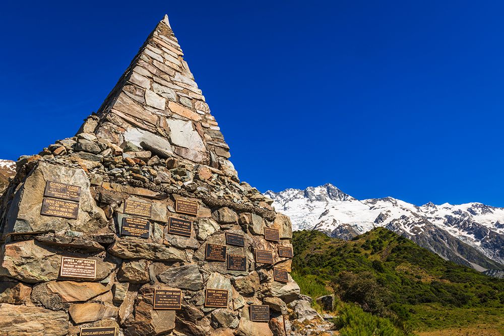 Monument to those who died in the park, Aoraki Mount Cook National Park, South Island, New Zealand art print by Russ Bishop for $57.95 CAD