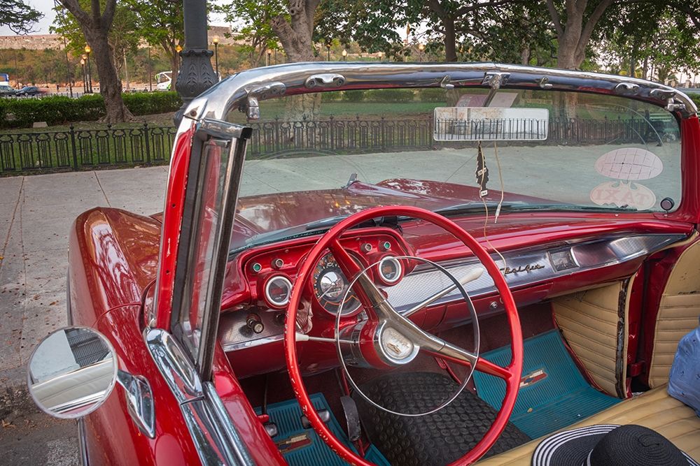 Interior view of red 57 Chevrolet Bel Air convertible in Habana-Havana-Cuba art print by Janis Miglavs for $57.95 CAD