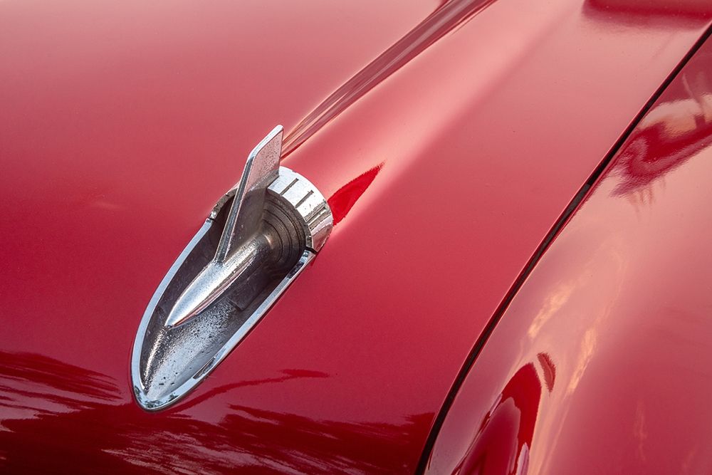 Close-up of hood detail of red 57 Chevrolet Bel Air in Habana-Havana-Cuba art print by Janis Miglavs for $57.95 CAD
