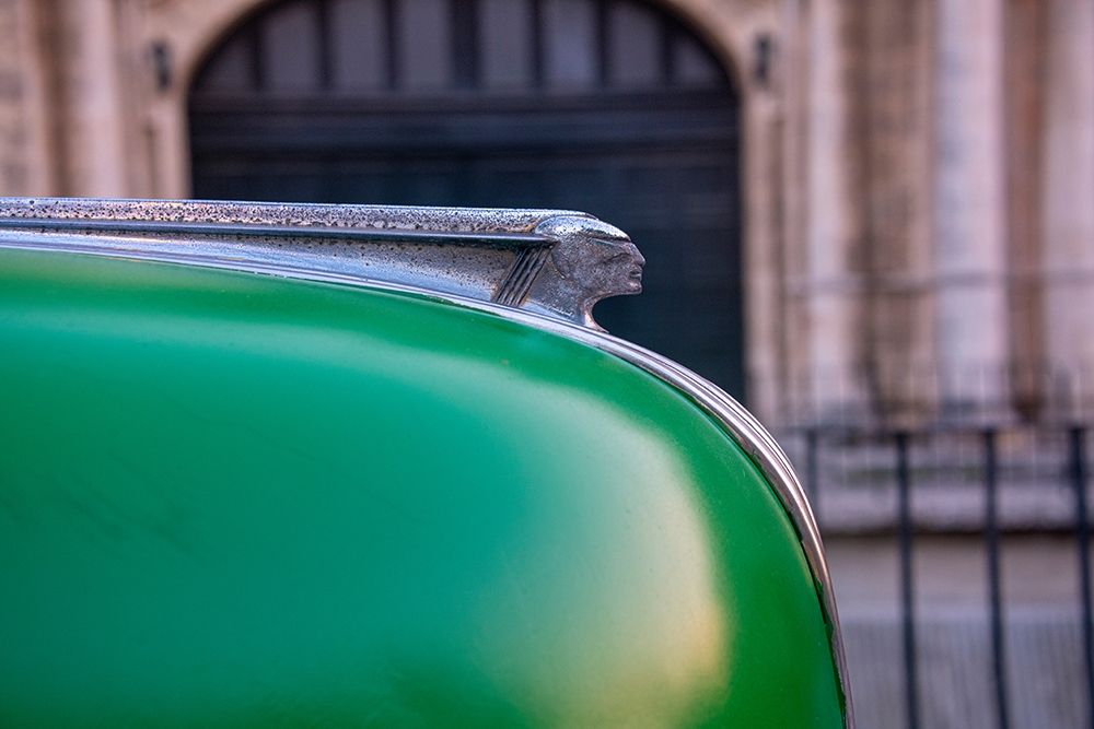 Detail of hood ornament on green classic American Pontiac car in Habana-Havana-Cuba art print by Janis Miglavs for $57.95 CAD