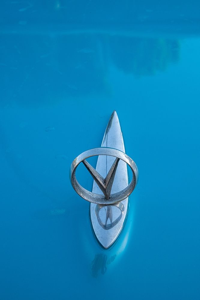 Detail of hood ornament on a classic blue American car in Vieja-old Habana-Havana-Cuba art print by Janis Miglavs for $57.95 CAD
