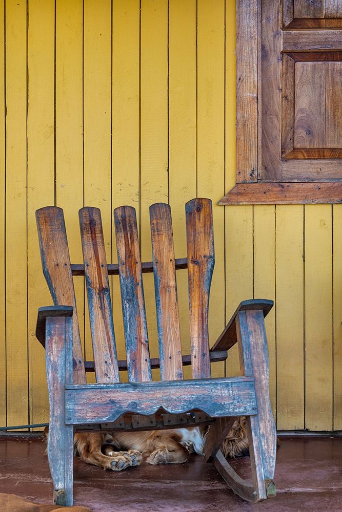 A dog sleeps under a weathered Adirondack rocking chair in Vinales-Cuba, art print by Janis Miglavs for $57.95 CAD