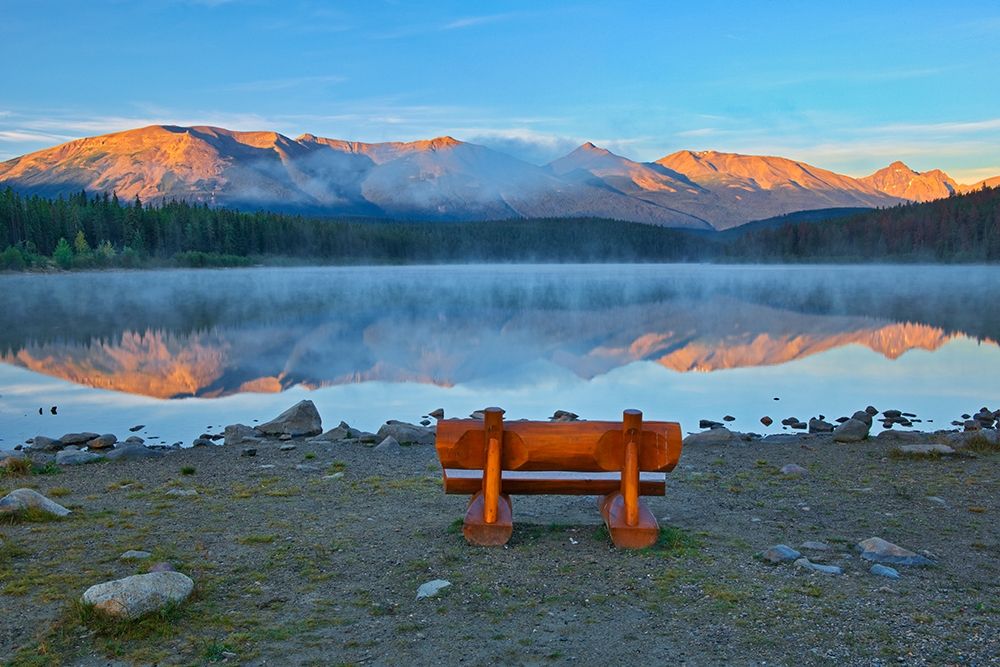 Canada-Alberta-Jasper National Park Bench overlooking lake and mountains at sunset art print by Jaynes Gallery for $57.95 CAD