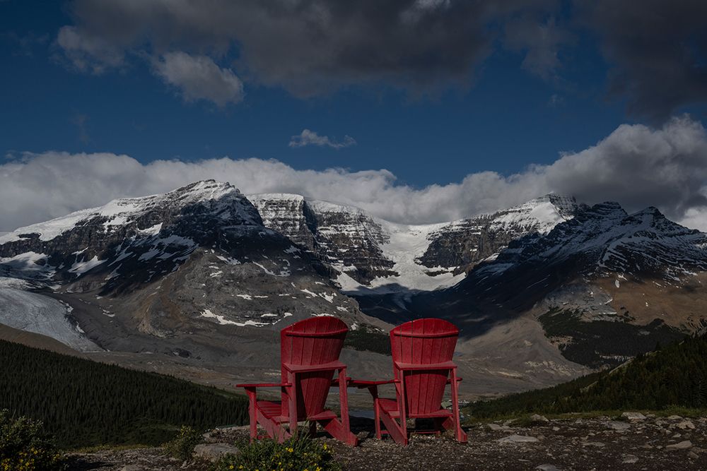 Canada, Alberta. Athabasca Glacier and lounge chairs looking across Icefields Parkway, Jasper NP. art print by Howie Garber for $57.95 CAD