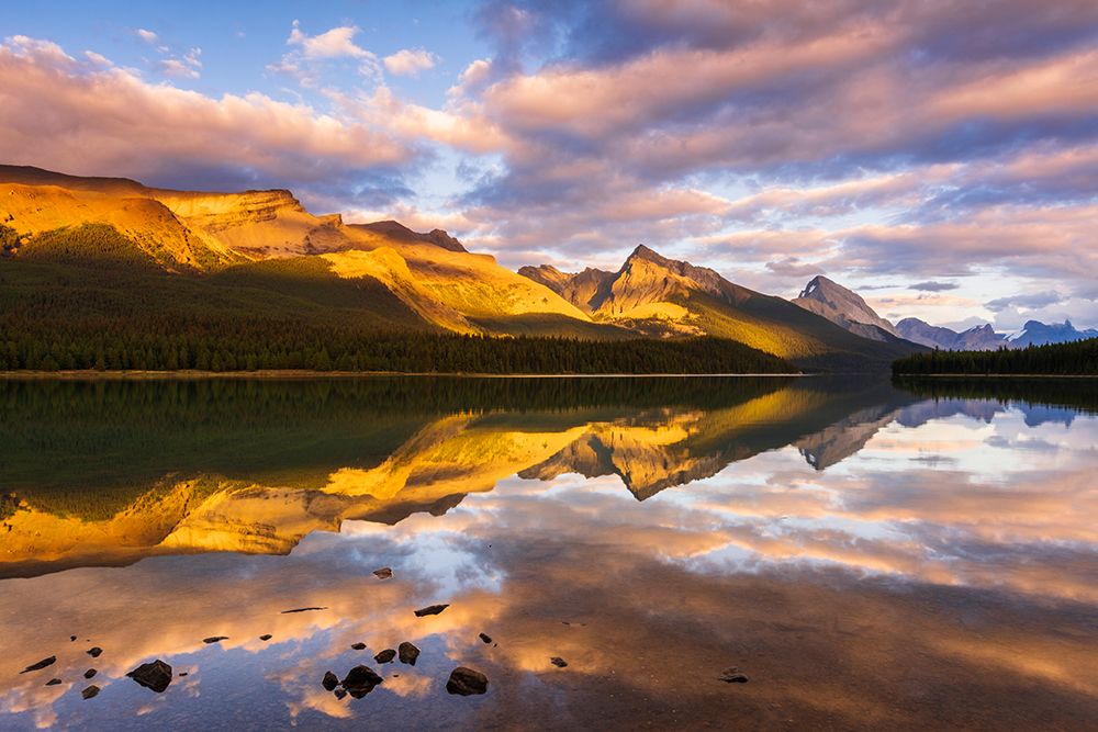 Evening light on Maligne Lake and Sampson Peak-Jasper National Park-Alberta-Canada art print by Russ Bishop for $57.95 CAD