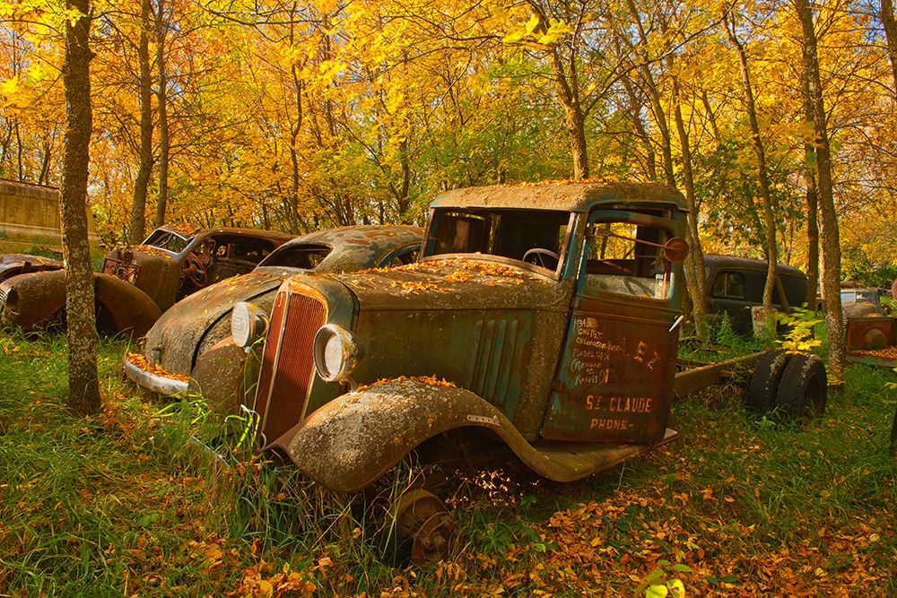 Canada-Manitoba-St Lupicin Vintage old vehicles in wrecking yard art print by Jaynes Gallery for $57.95 CAD