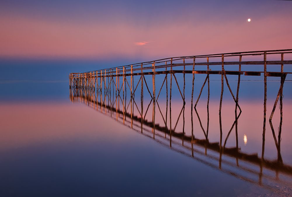 Canada-Manitoba-Matlock Pier on Lake Winnipeg at dusk with moon art print by Jaynes Gallery for $57.95 CAD
