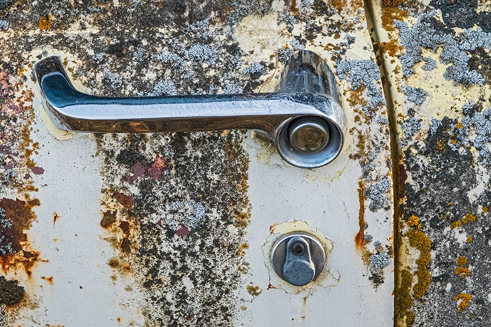 Canada-Manitoba-St Lupicin Close-up of rusted paint patterns and handle on vintage car art print by Jaynes Gallery for $57.95 CAD