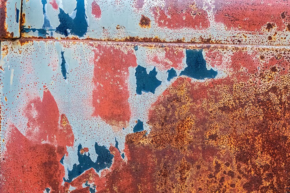 Canada-Manitoba-St Lupicin Close-up of rusted paint patterns on vintage car art print by Jaynes Gallery for $57.95 CAD