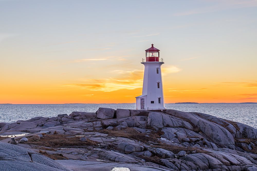 Peggys Cove Lighthouse in winter at sunset, Nova Scotia, Canada. art print by Richard and Susan Day for $57.95 CAD