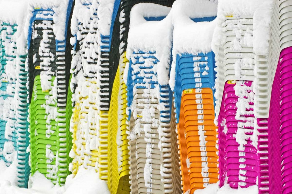 Canada, Dorset Snow-covered stacked chairs art print by Mike Grandmaison for $57.95 CAD
