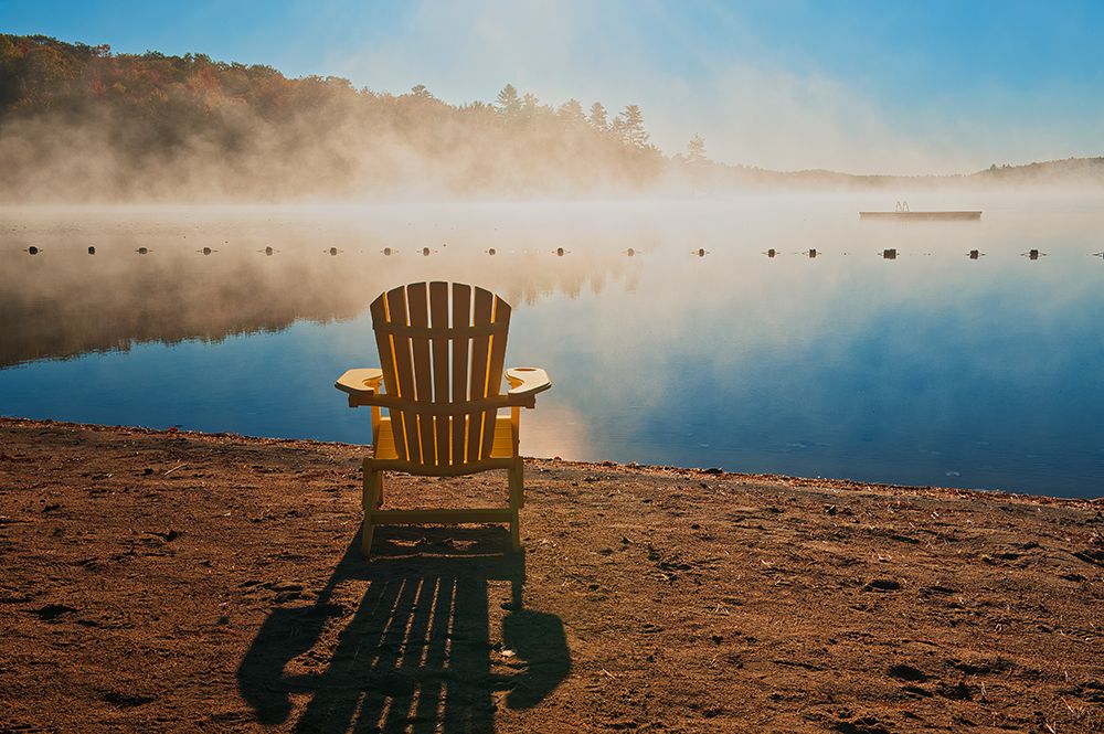 Canada-Ontario-Silent Lake Provincial Park. Muskoka chair and morning fog on Silent Lake. art print by Jaynes Gallery for $57.95 CAD