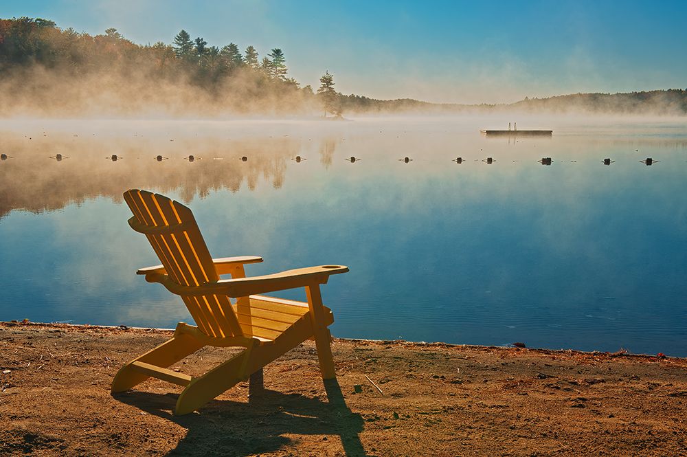 Canada-Ontario-Silent Lake Provincial Park. Muskoka chair and morning fog on Silent Lake. art print by Jaynes Gallery for $57.95 CAD