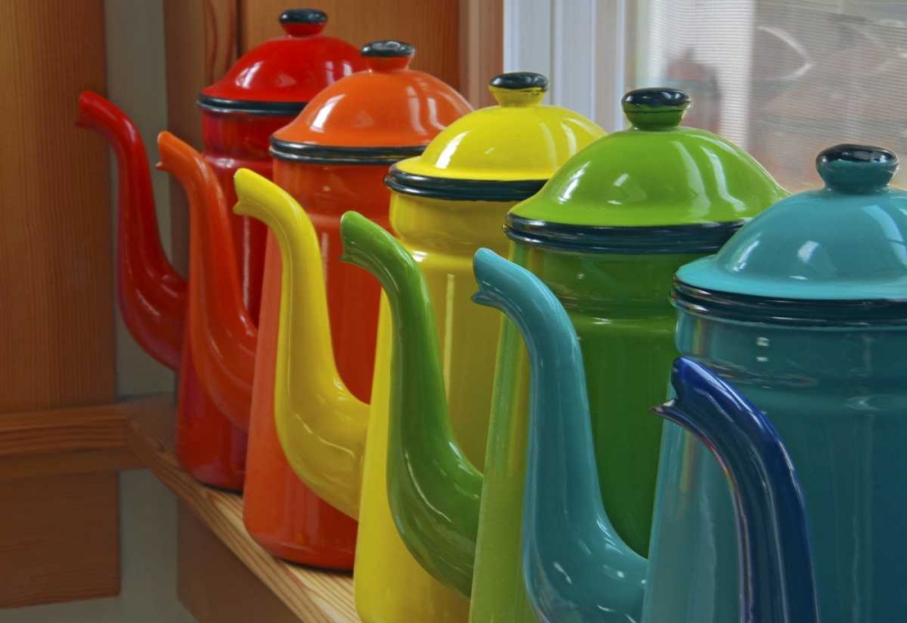 Coffee pots in orderly row on window sill art print by Steve Terrill for $57.95 CAD