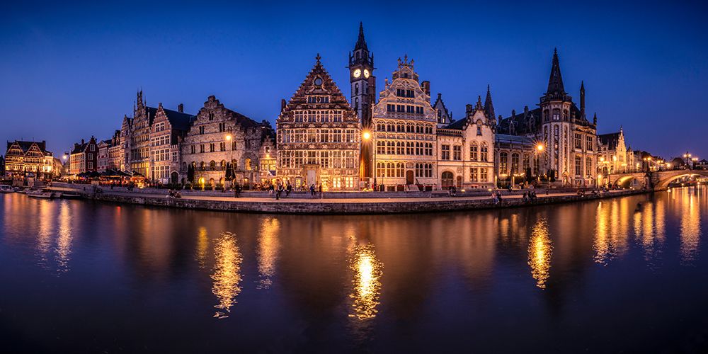 Europe-Belgium-Ghent-Panoramic of town and canal reflections at night art print by Jaynes Gallery for $57.95 CAD