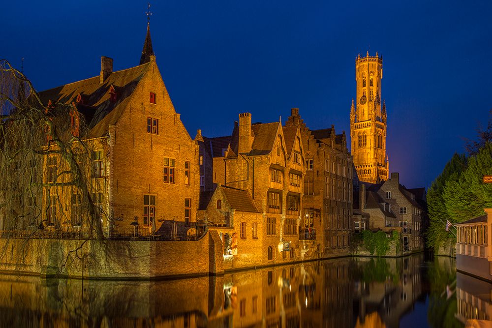 Belgium-Bruges. Buildings reflect in canal at twilight. art print by Jaynes Gallery for $57.95 CAD
