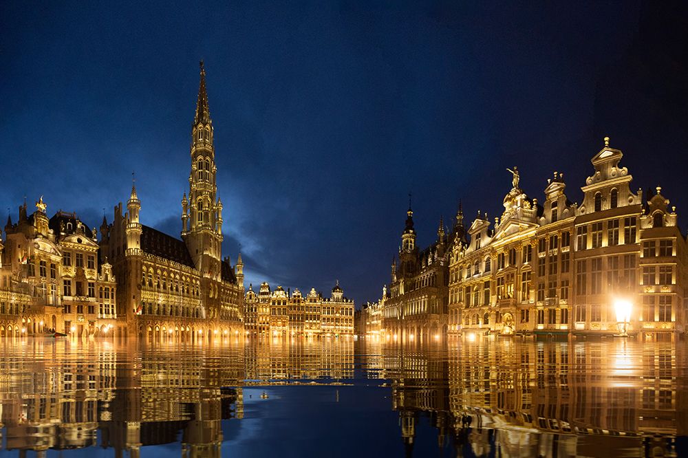 Belgium-Brussels. Grand Place main square lit at twilight. art print by Jaynes Gallery for $57.95 CAD