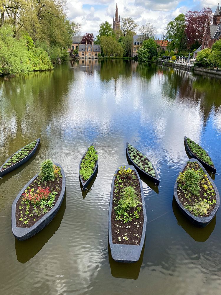 Bruges, Belgium. Canoes being used as planters on a canal in Bruges. art print by Julien McRoberts for $57.95 CAD