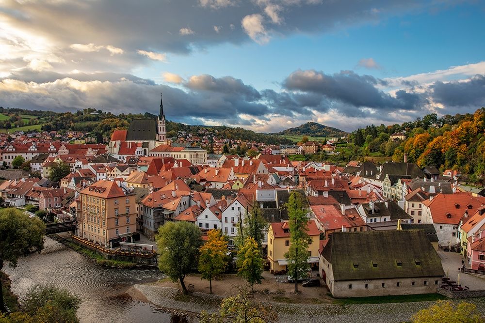 Looking down onto the village of Cesky Krumlov-Czech Republic art print by Chuck Haney for $57.95 CAD