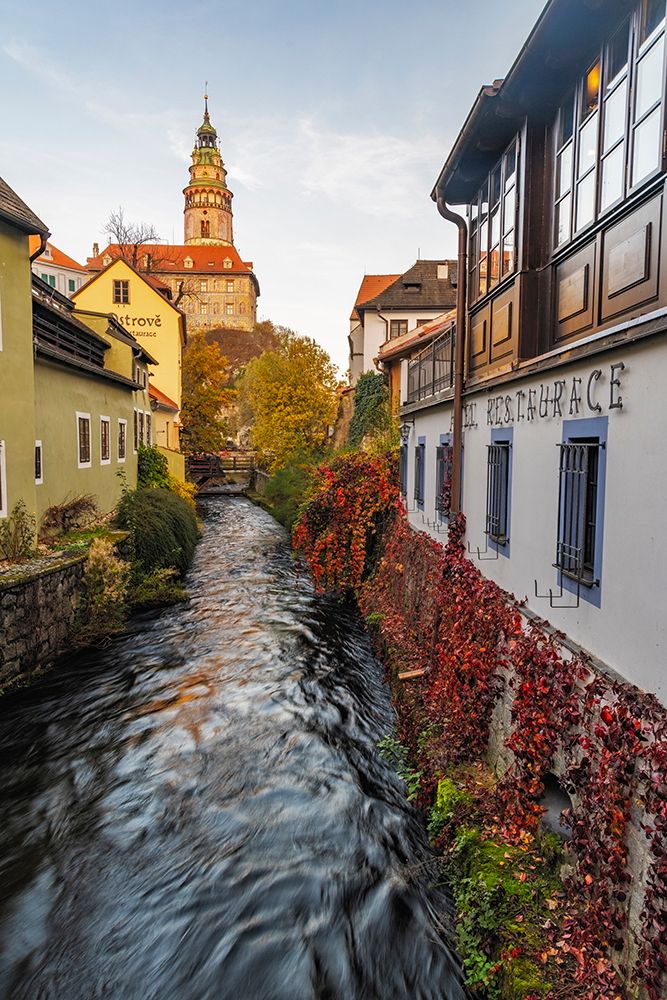 Looking down canal to Castle Tower in Cesky Krumlov-Czech Republic art print by Chuck Haney for $57.95 CAD