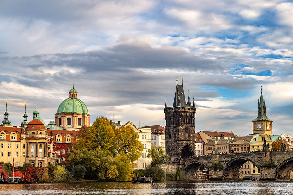 Charles Bridge and Vlata River at sunset in Prague-Czech Republic art print by Chuck Haney for $57.95 CAD