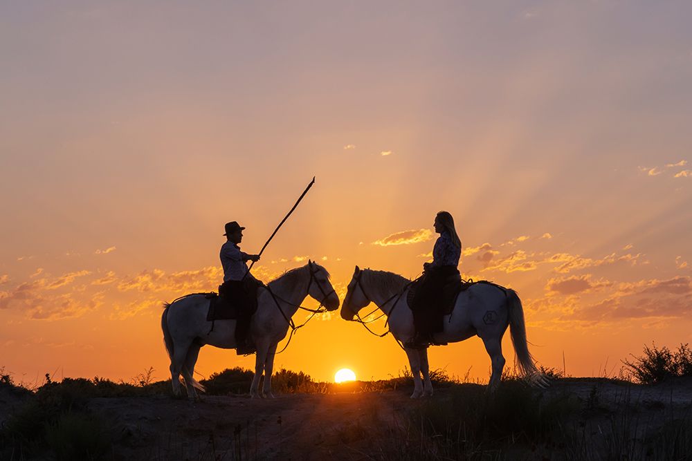Provence-Alpes-Cote dAzur-France Man and a woman on horseback at sunrise art print by Emily M. Wilson for $57.95 CAD