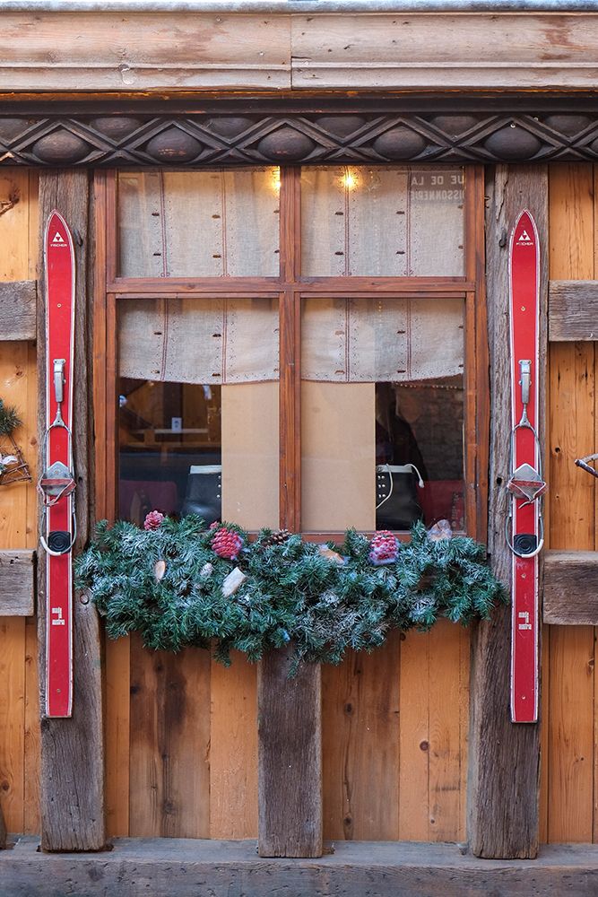 Colmar-France Old town Colmar adorned with Christmas decoration Old skis decorate a rustic café art print by Julien McRoberts for $57.95 CAD