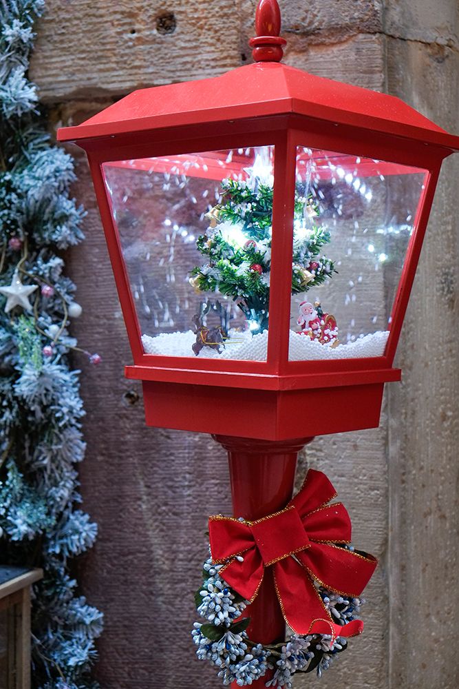 Strasbourg-France Christmas red lamp post with blowing snow inside art print by Julien McRoberts for $57.95 CAD