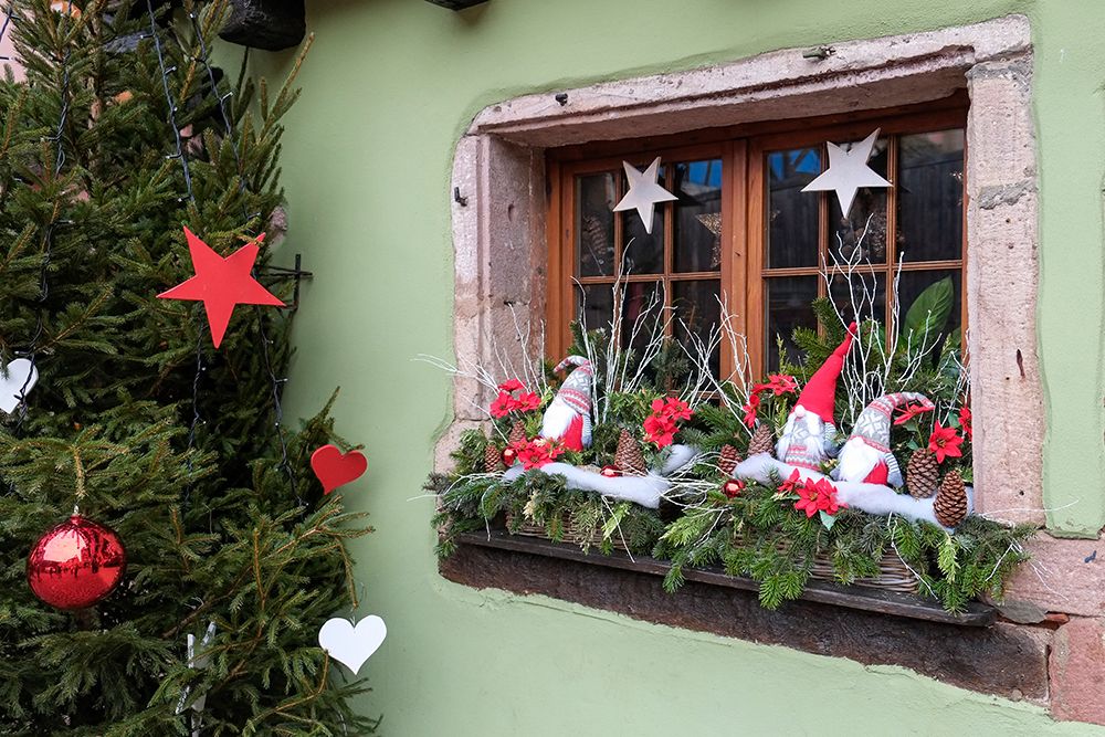 Riquewihr-France Village established 1400s in Alsace Region Window decorated Christmas ornaments art print by Julien McRoberts for $57.95 CAD