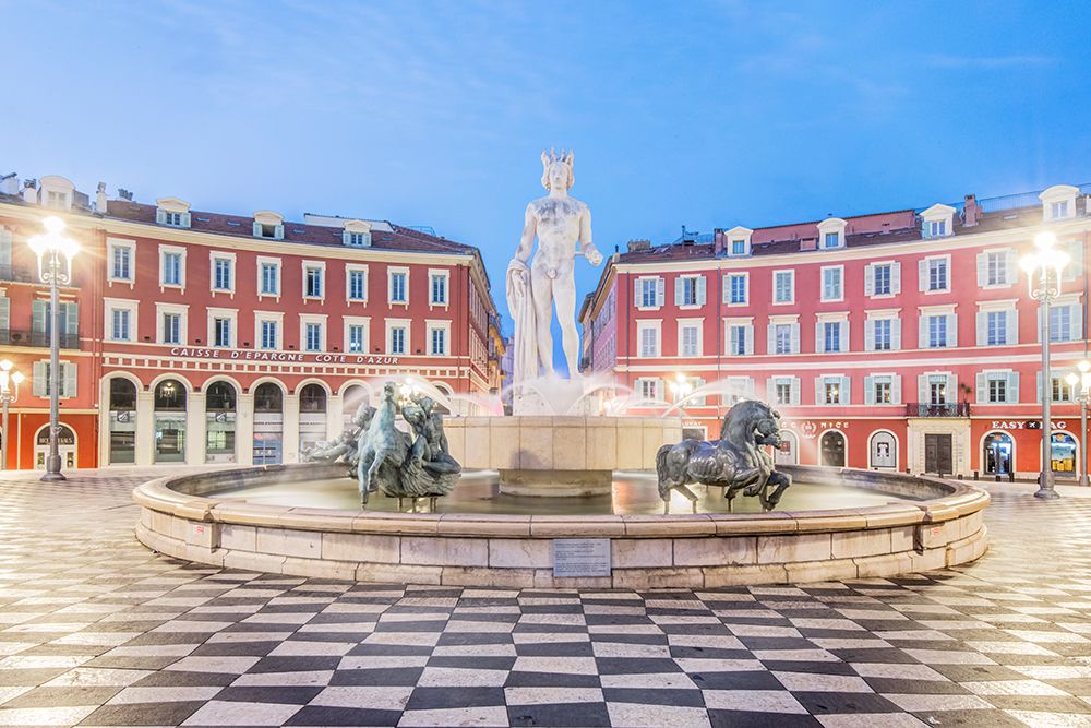 France, Cote d Azur, Nice. Sun Fountain at Place Massena with Statue of Apollo at dawn art print by Rob Tilley for $57.95 CAD