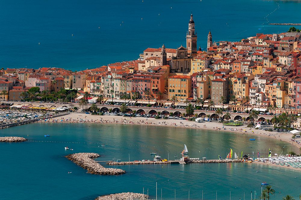 A high angle view of Menton-with local beaches and harbors Provence Alpes Cote dAzur-France art print by Sergio Pitamitz for $57.95 CAD