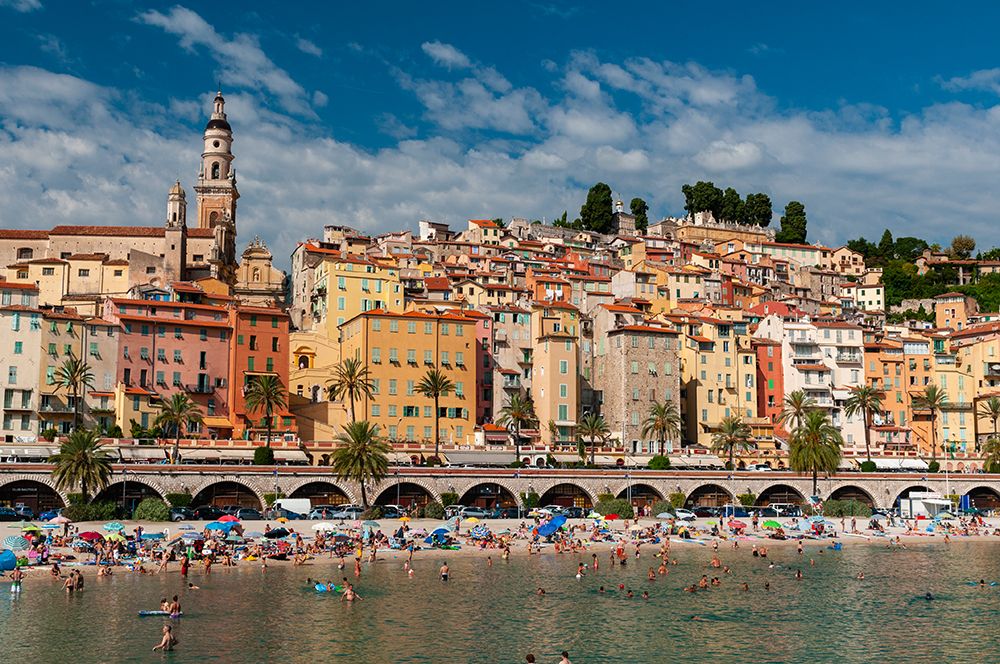 Sablettes beach-Saint Michel Church and the town of Menton-Provence Alpes Cote dAzur-France art print by Sergio Pitamitz for $57.95 CAD