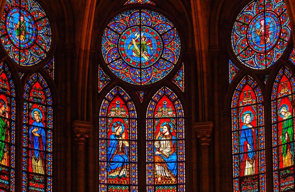 Jesus Christ Mary Angels stained glass-Notre Dame Cathedral-Paris-France art print by William Perry for $57.95 CAD
