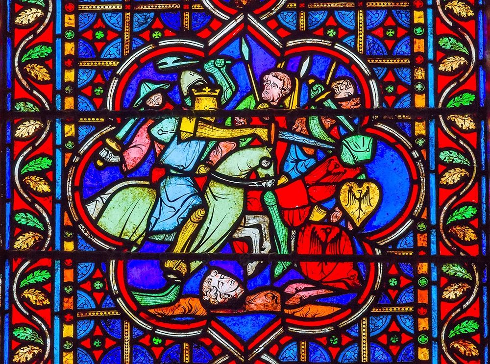 Knights Fighting Swords Horses Battle War stained glass-Notre Dame Cathedral-Paris-France art print by William Perry for $57.95 CAD