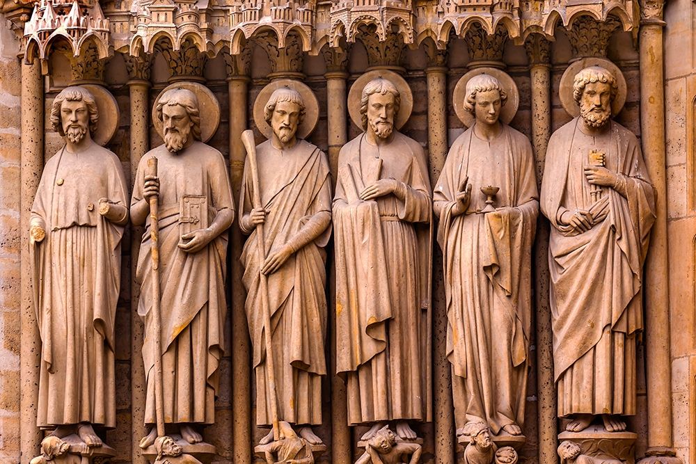 Biblical Saint statues and door-Notre Dame Cathedral-Paris-France art print by William Perry for $57.95 CAD