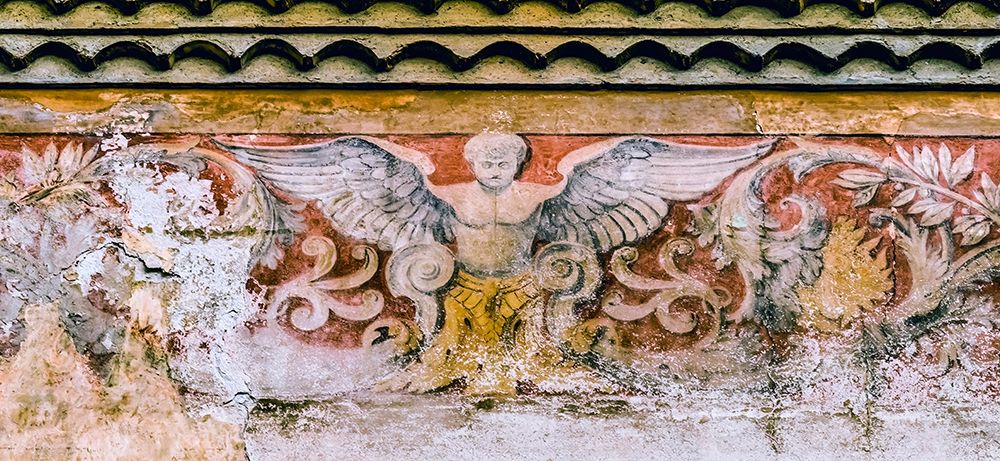 Angel fresco- Nimes Cathedral- Gard- France. Catholic church created 1100 AD art print by William Perry for $57.95 CAD