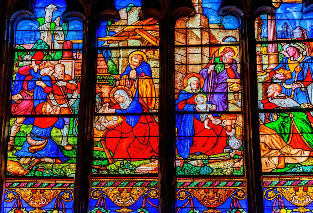 Nativity Virgin Mary, Joseph, Baby Jesus stained glass, Eglise Saint-Bonaventure, Lyon, France. art print by William Perry for $57.95 CAD