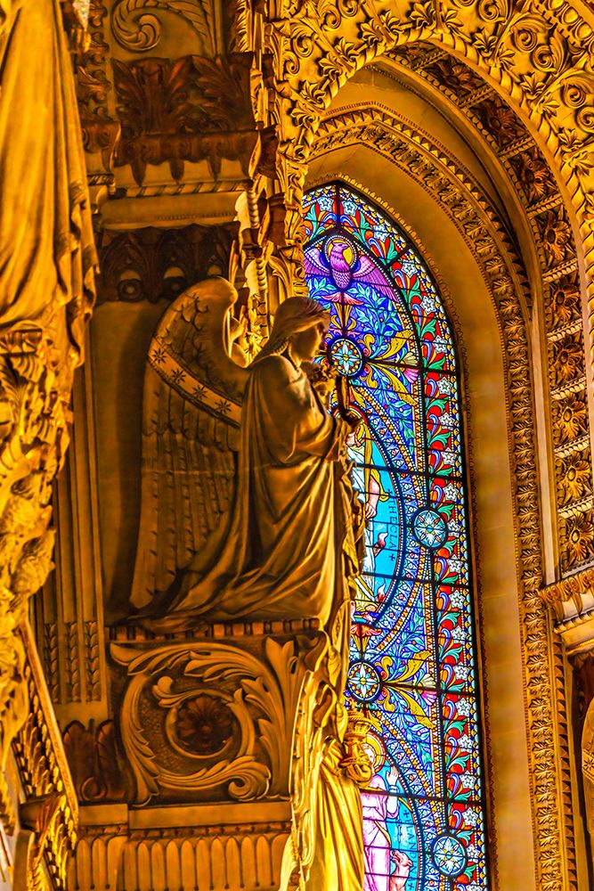 Angel statue colorful stained glass, Basilica of Notre Dame de Fourviere, Lyon, France. art print by William Perry for $57.95 CAD