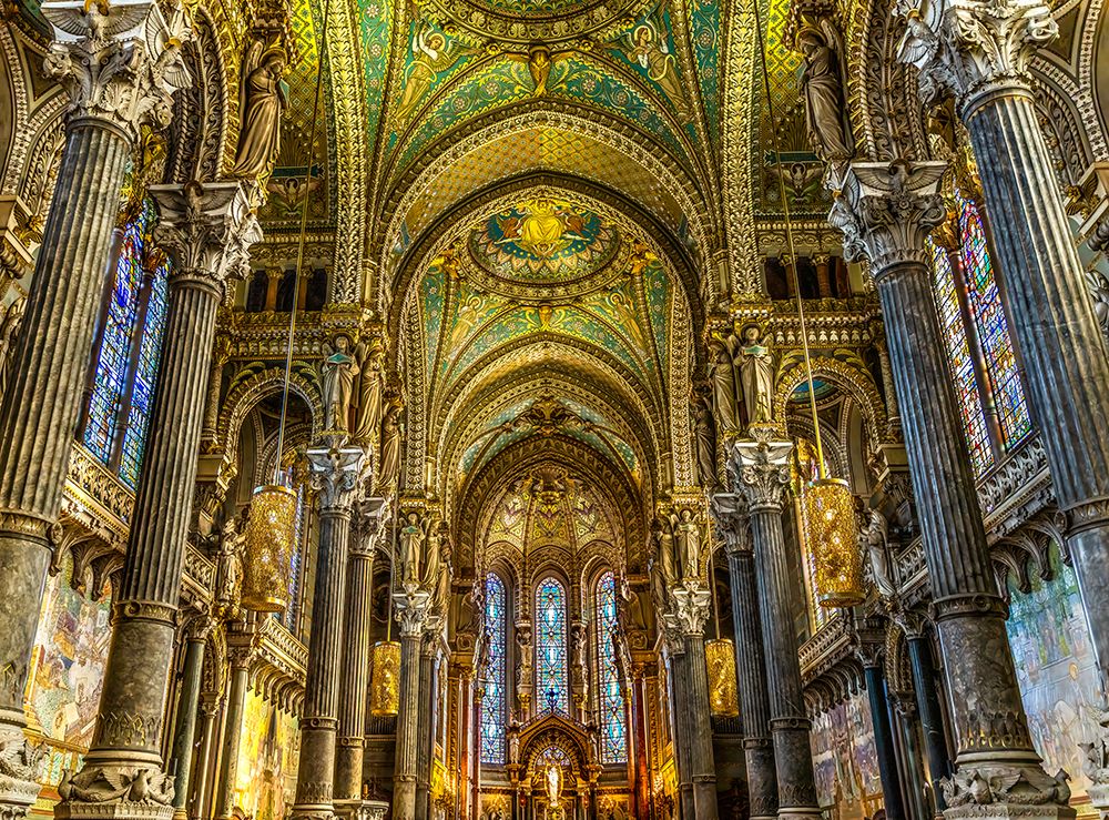 Colorful mosaics, altar, stained glass, Basilica of Notre Dame de Fourviere, Lyon, France. art print by William Perry for $57.95 CAD